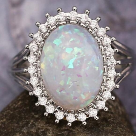NEW HUGE OPAL DIAMOND HALO STERLING SILVER RING, CUTE RING, SHINY RING. - Picture 6 of 6